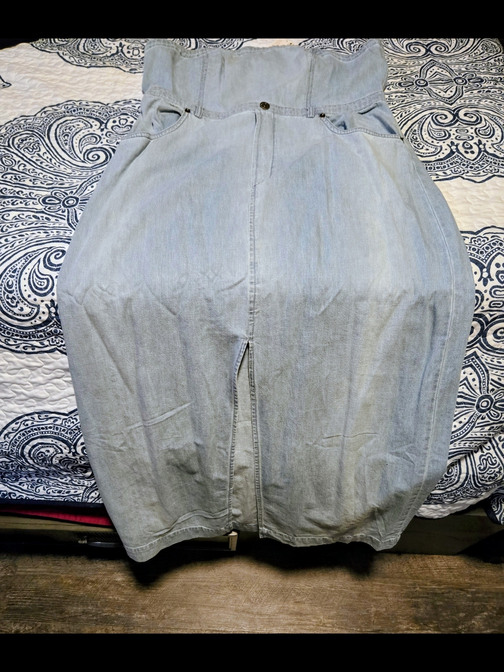 Free People Light Wash Denim Midi Skirt with Front Slit